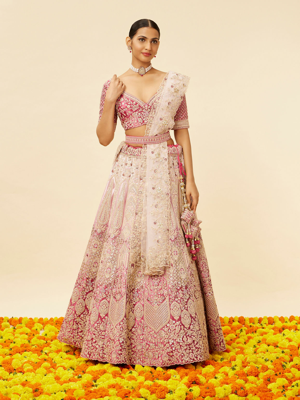 Coral Pink Bel Buti Embroidered Bridal Lehenga image number 1